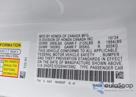 2025 Honda Civic Si Base W/High Performance Summer Tires/ z USA, uszkodzony, nr VIN 2HGFE1E52SH472982